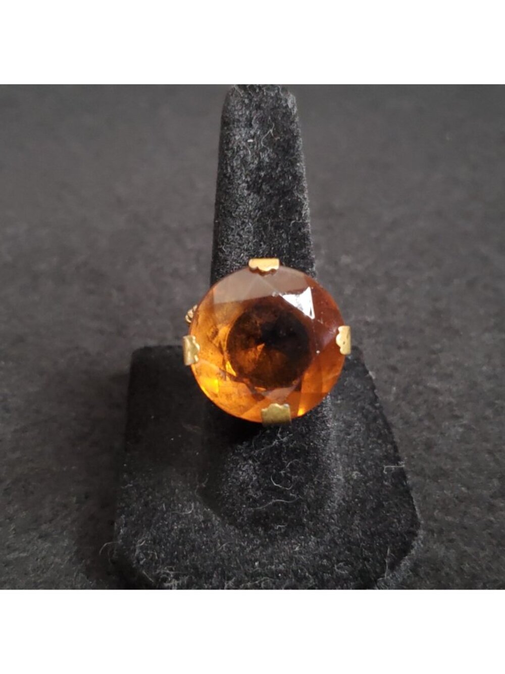 Vintage Rhinestone Cocktail Ring Sz 6 Gold Tone Brown Adjustable
